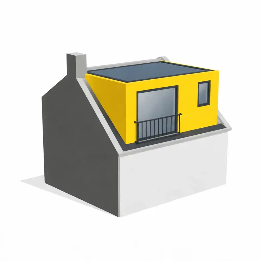 3D model of a house featuring grey walls and a bright yellow roof with large windows and a balcony.
