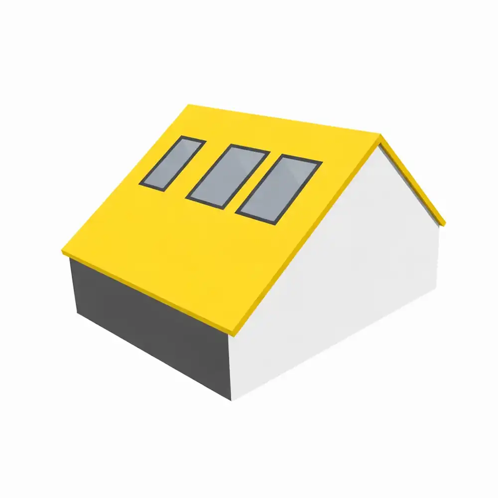A stylized house with a yellow roof featuring three skylights and white walls. The base is a darker grey colour.